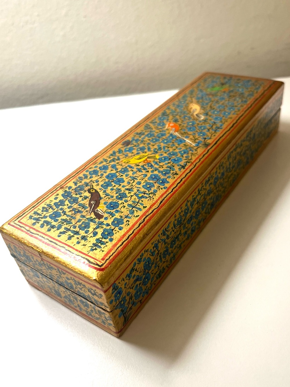 Vintage Handmade Kashmiri Papier-Mâché Pencil Trinket Box